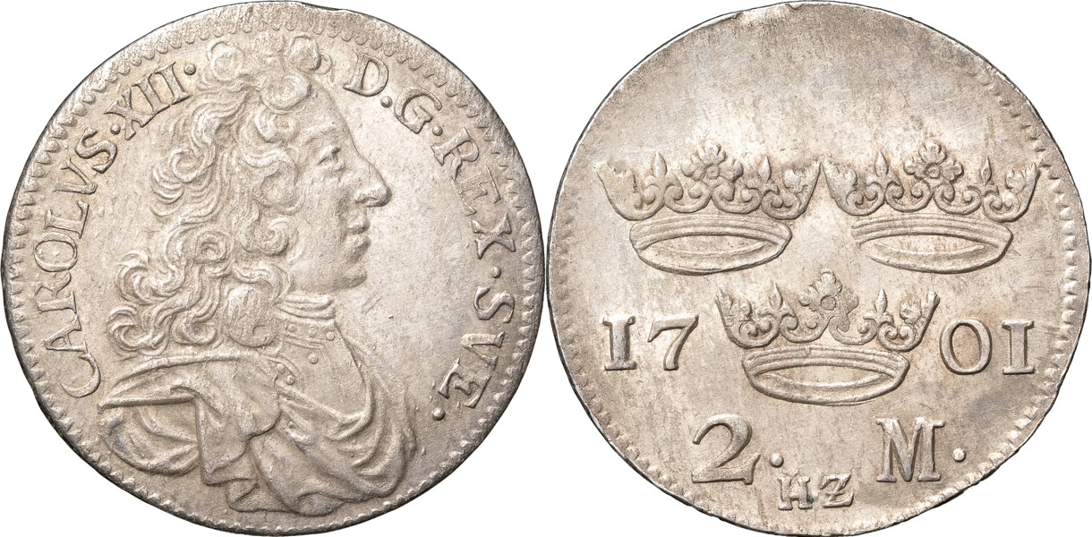 KARL XII (1697-1718). STOCKHOLM. 2 mark 1701