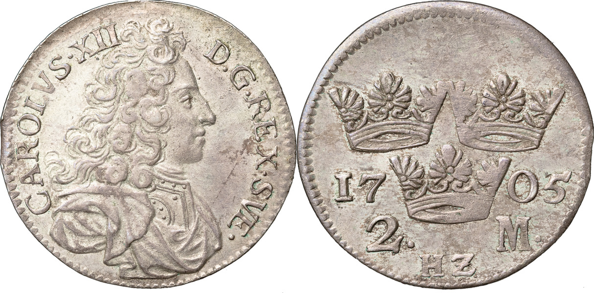 KARL XII (1697-1718). STOCKHOLM. 2 mark 1705