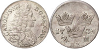KARL XII (1697-1718). STOCKHOLM. 2 mark 1705