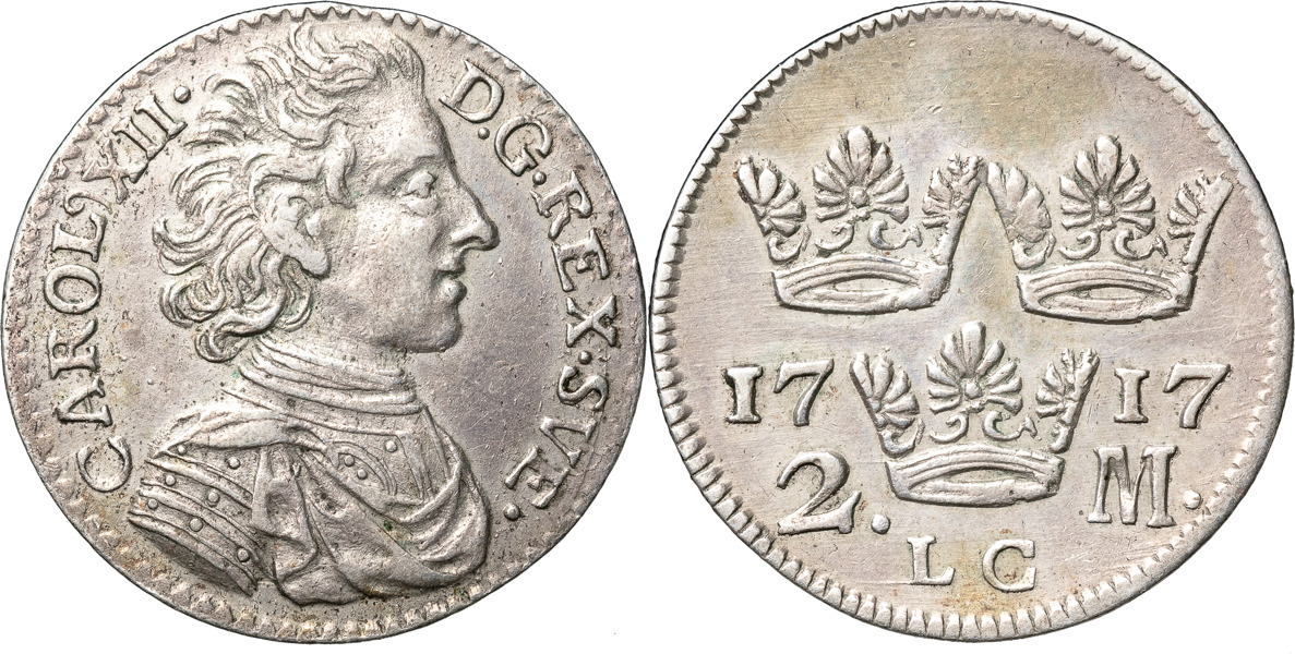 KARL XII (1697-1718). STOCKHOLM. 2 mark 1717