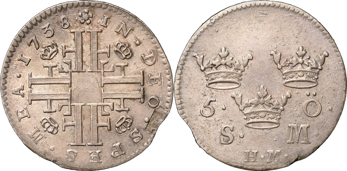 FREDRIK (1720-1751). STOCKHOLM. 5 öre 1738