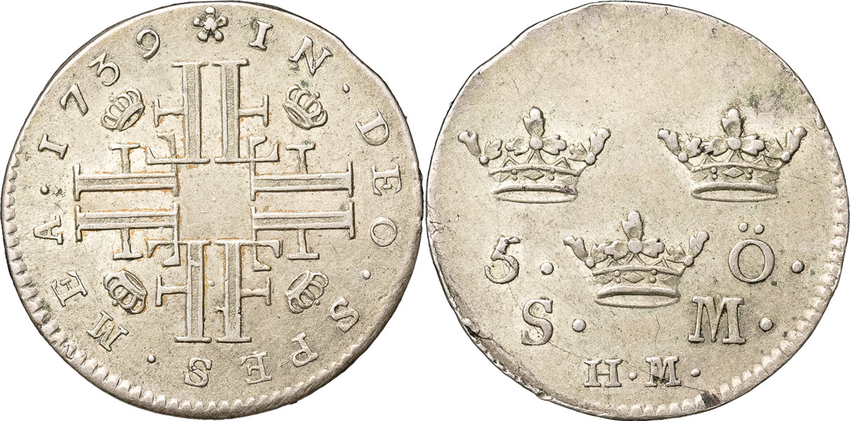 FREDRIK (1720-1751). STOCKHOLM. 5 öre 1739