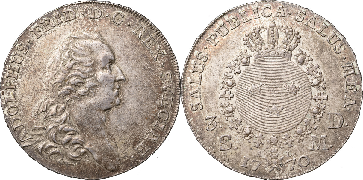 ADOLF FREDRIK (1751-1771). STOCKHOLM. 3 daler SM (riksdaler) 1770