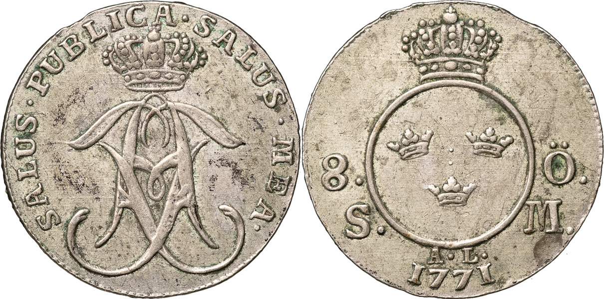 ADOLF FREDRIK (1751-1771). STOCKHOLM. 8 öre SM 1771