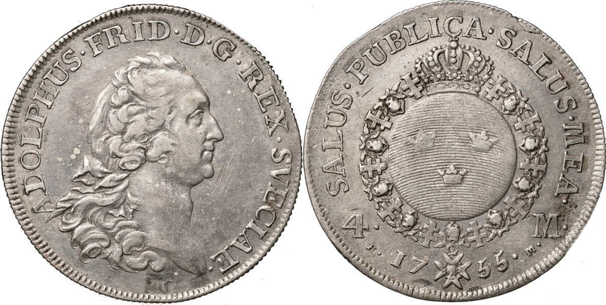 ADOLF FREDRIK (1751-1771). STOCKHOLM. 4 mark 1755