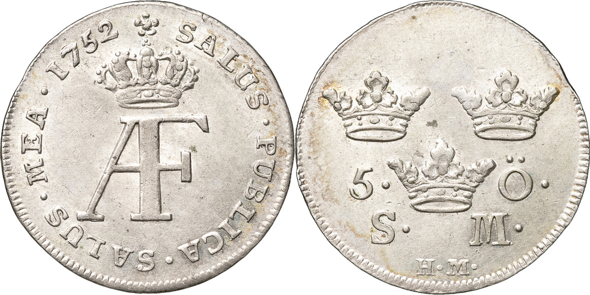 ADOLF FREDRIK (1751-1771). STOCKHOLM. 5 öre 1752