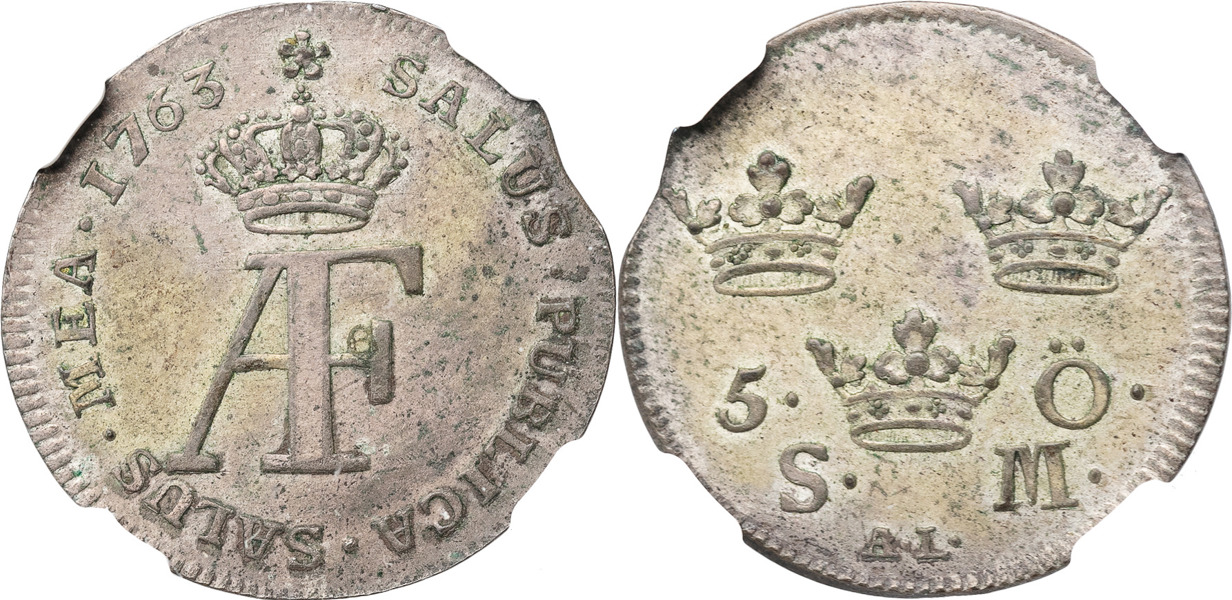 ADOLF FREDRIK (1751-1771). STOCKHOLM. 5 öre 1763