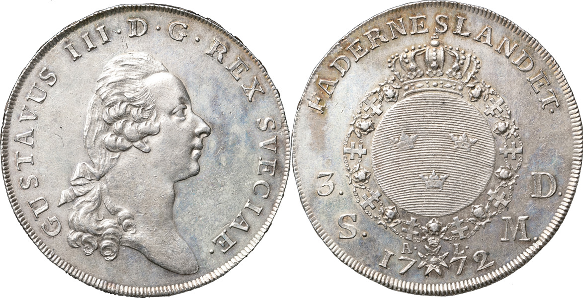 GUSTAV III (1771-1792). STOCKHOLM. 3 daler SM (riksdaler) 1772