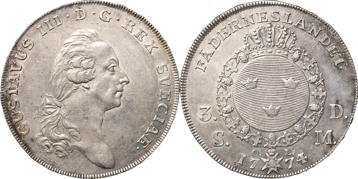GUSTAV III (1771-1792). STOCKHOLM. 3 daler SM (riksdaler) 1774