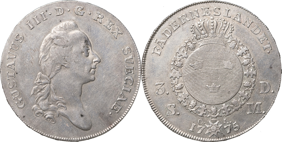 GUSTAV III (1771-1792). STOCKHOLM. 3 daler SM (riksdaler) 1775