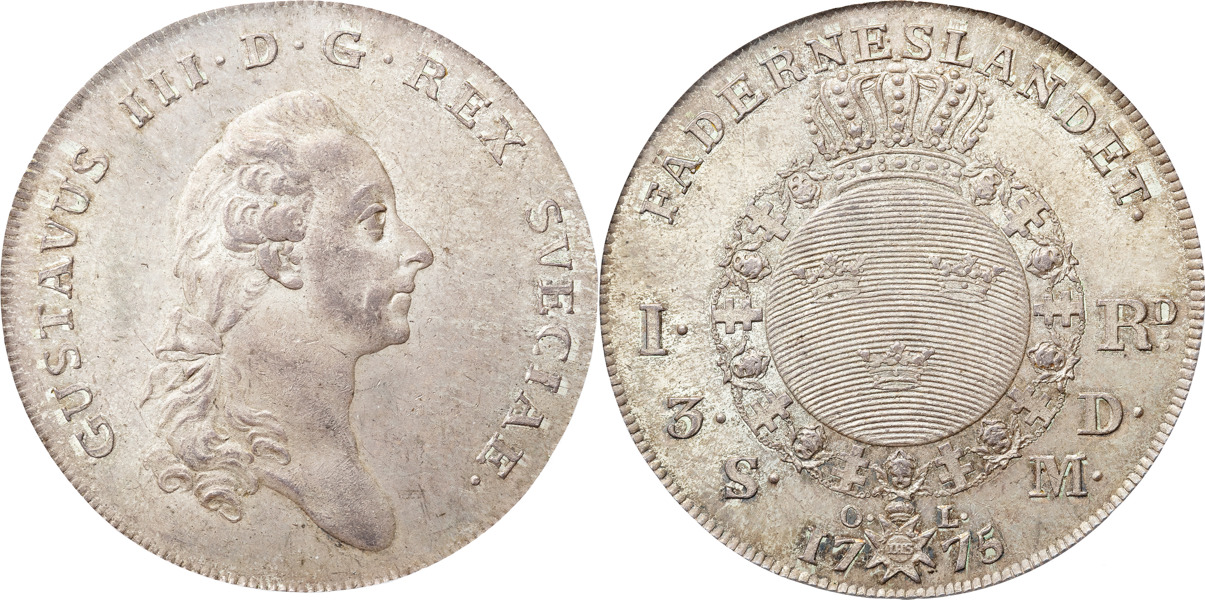 GUSTAV III (1771-1792). STOCKHOLM. Riksdaler 1775