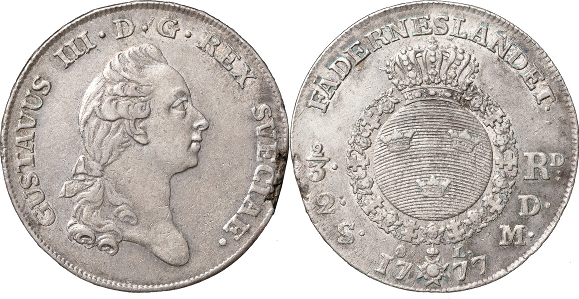 GUSTAV III (1771-1792). STOCKHOLM. 2/3 riksdaler (2 daler SM) 1777
