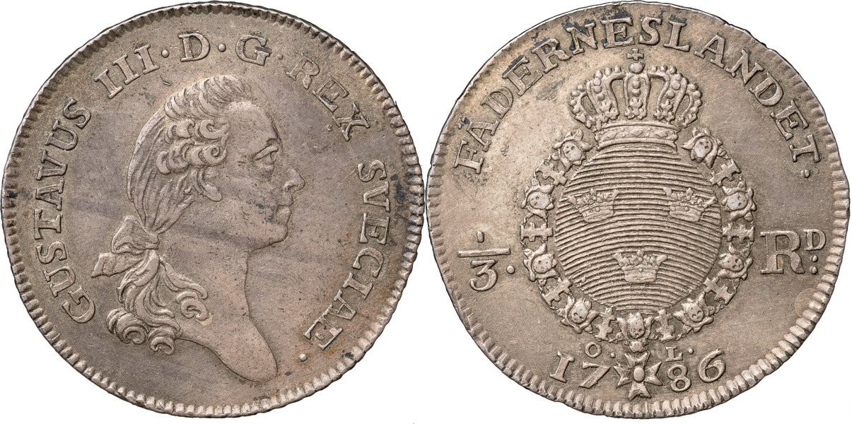 GUSTAV III (1771-1792). STOCKHOLM. 1/3 riksdaler 1786