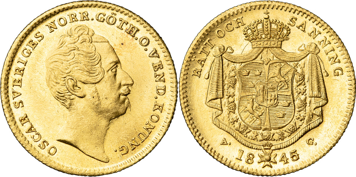 OSKAR I (1844-1859). Dukat 1845. Yngre porträttyp