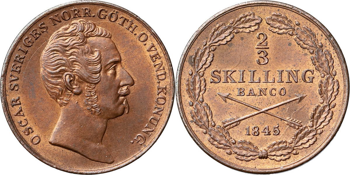 OSKAR I (1844-1859). 2/3 skilling banco 1845