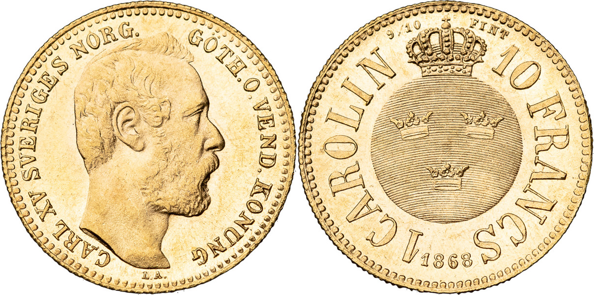 KARL XV (1859-1872). Carolin / 10 francs 1868