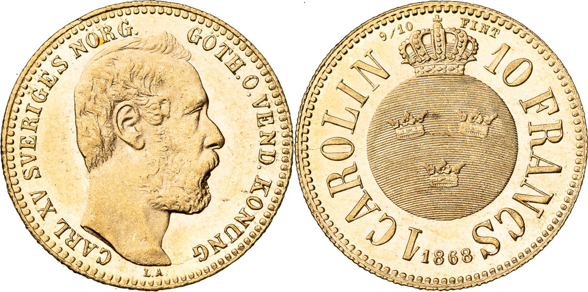 KARL XV (1859-1872). Carolin / 10 francs 1868