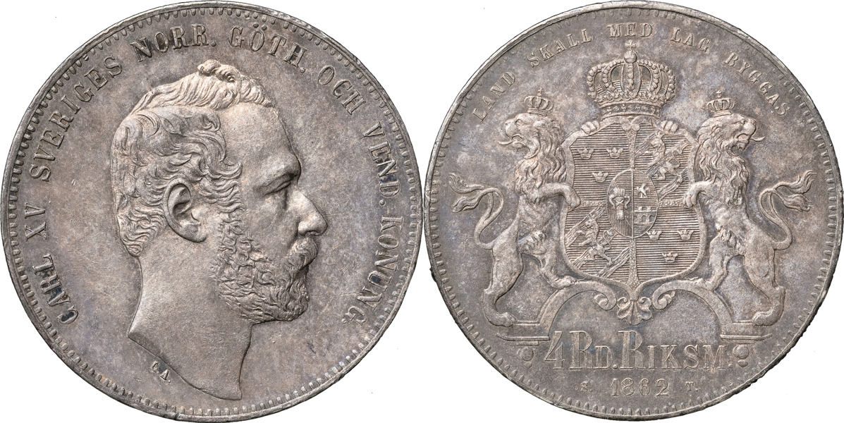 KARL XV (1859-1872). 4 riksdaler riksmynt 1862