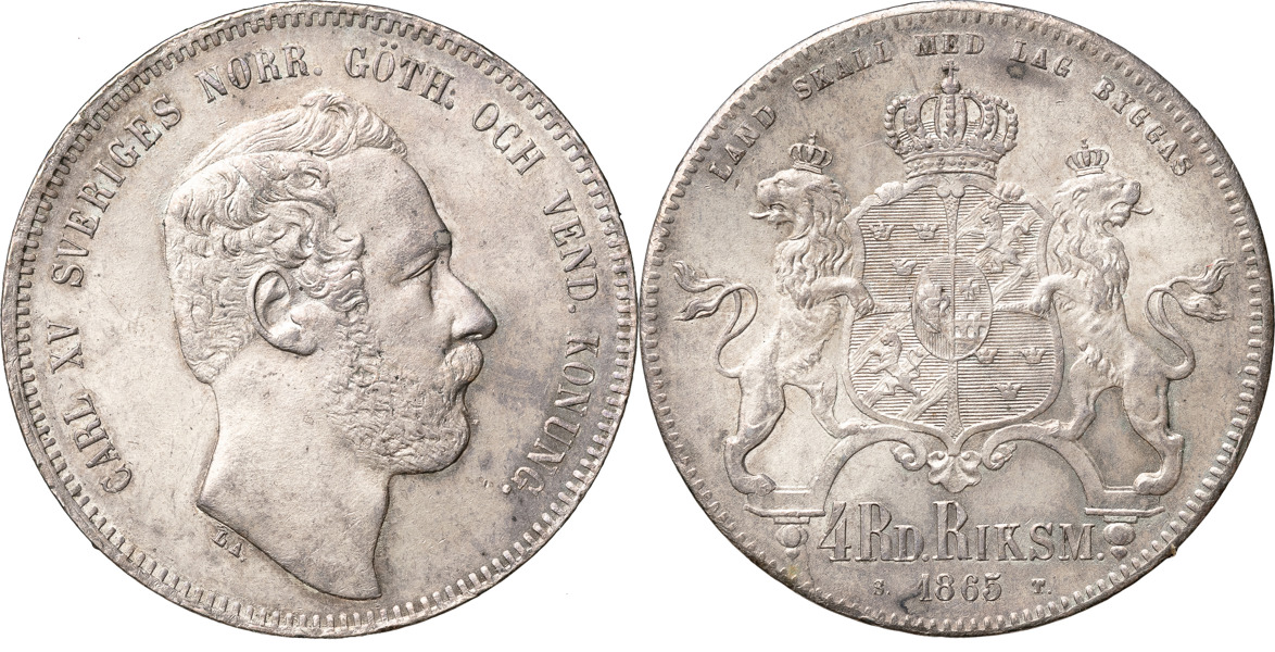 KARL XV (1859-1872). 4 riksdaler riksmynt 1865