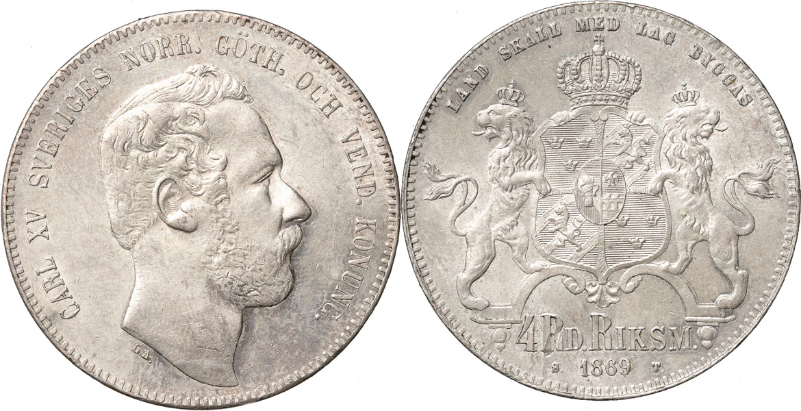 KARL XV (1859-1872). 4 riksdaler riksmynt 1869