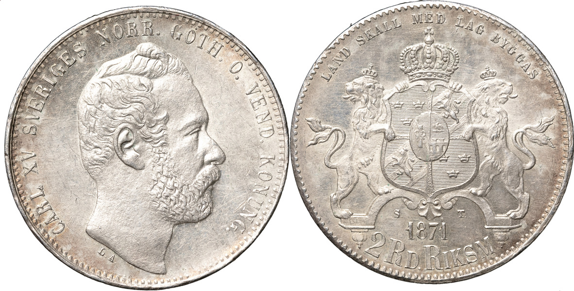 KARL XV (1859-1872). 2 riksdaler riksmynt 1871