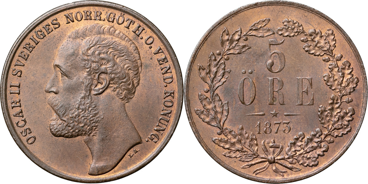 OSKAR II (1872-1907). 5 öre 1873