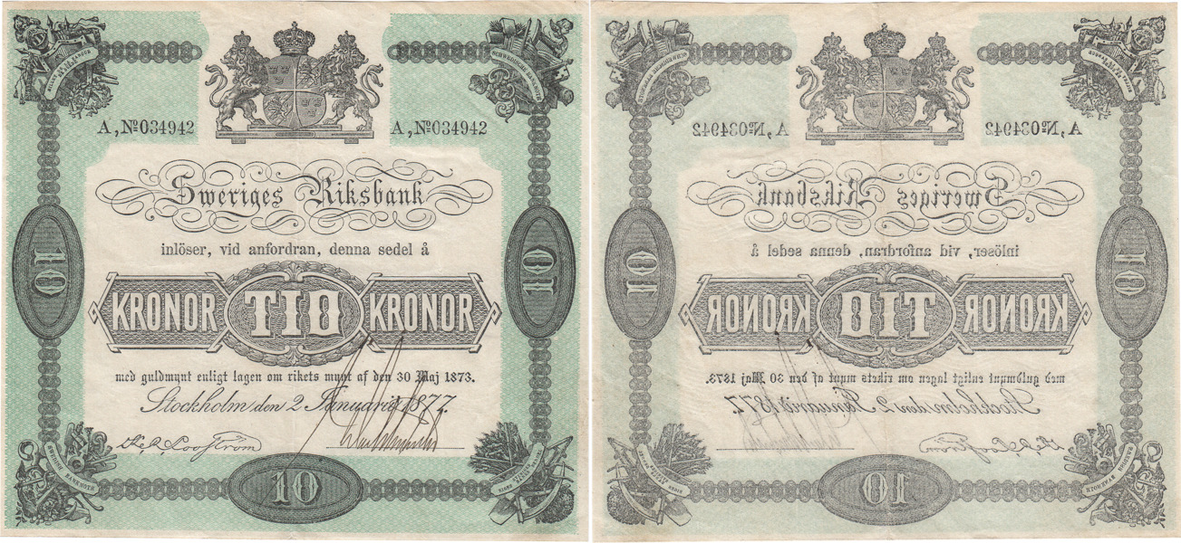 SEDLAR / BANKNOTES. 10 kronor 1877