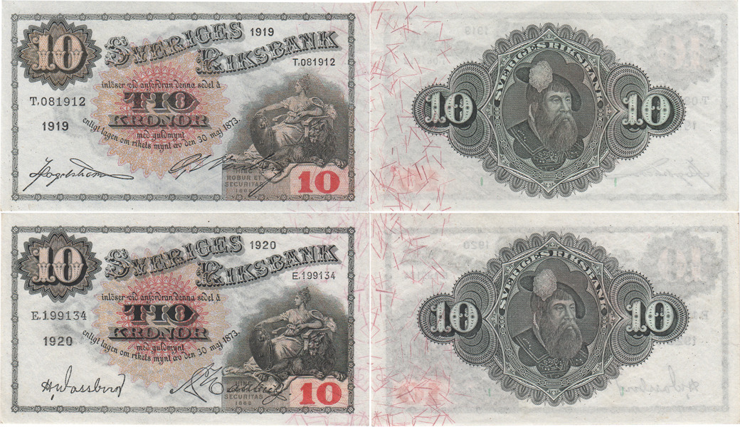 SEDLAR / BANKNOTES. 10 kronor 1919 , 1920 