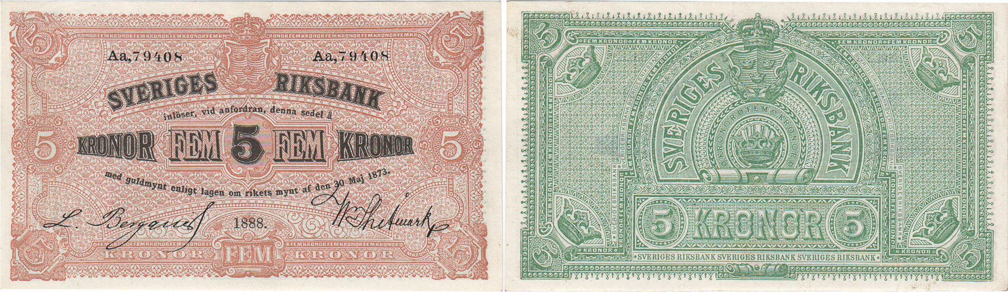 SEDLAR / BANKNOTES. 5 kronor 1888