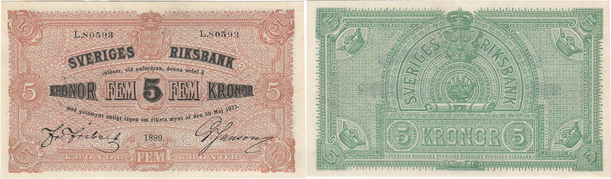SEDLAR / BANKNOTES. 5 kronor 1889