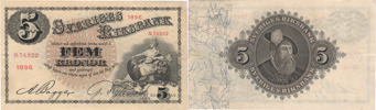 SEDLAR / BANKNOTES. 5 kronor 1896