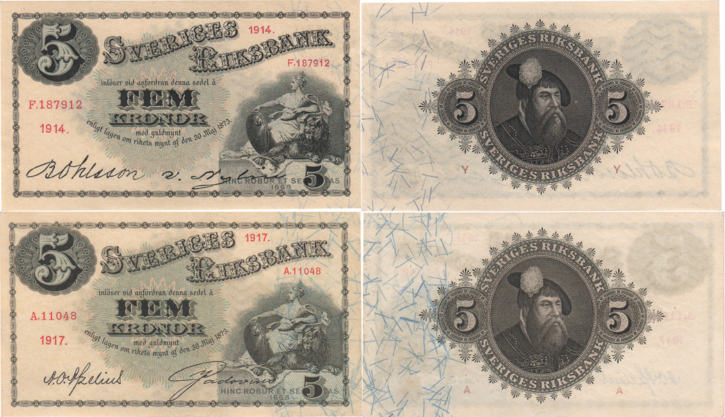 SEDLAR / BANKNOTES. 5 kronor 1914, 1917