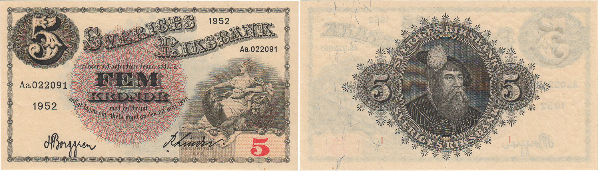 SEDLAR / BANKNOTES. 5 kronor 1952