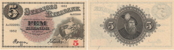 SEDLAR / BANKNOTES. 5 kronor 1952