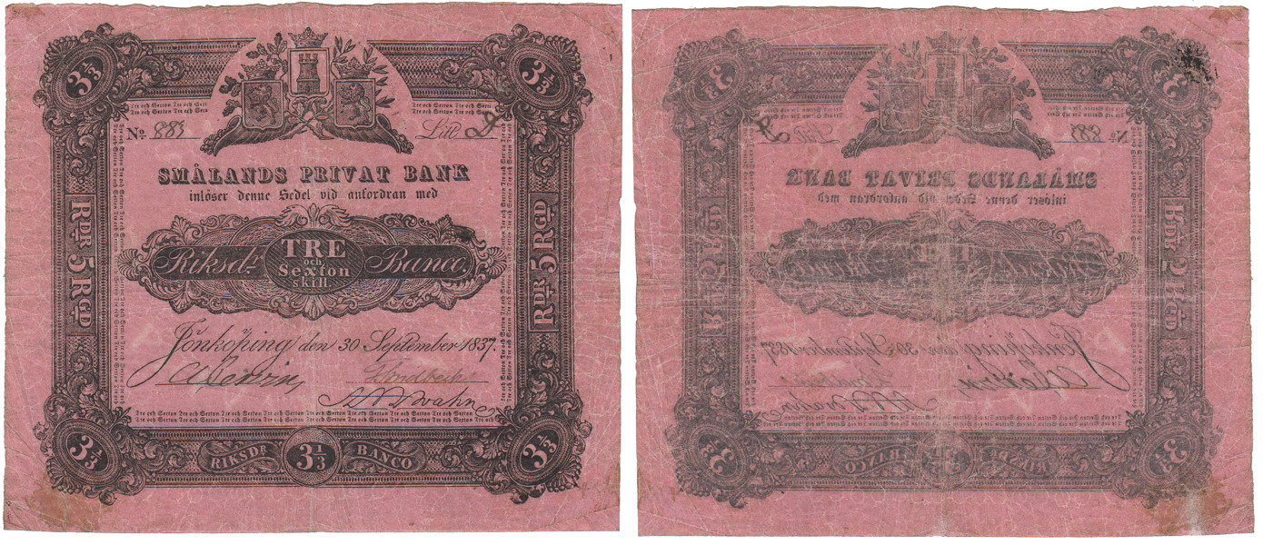 SEDLAR / BANKNOTES. Smålands Privatbank. 3 1/3 riksdaler banco