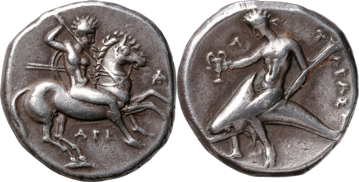 GREKISKA MYNT / GREEK COINS. ITALY. CALABRIA. TARAS (380-345 B.C.). AR didrachm