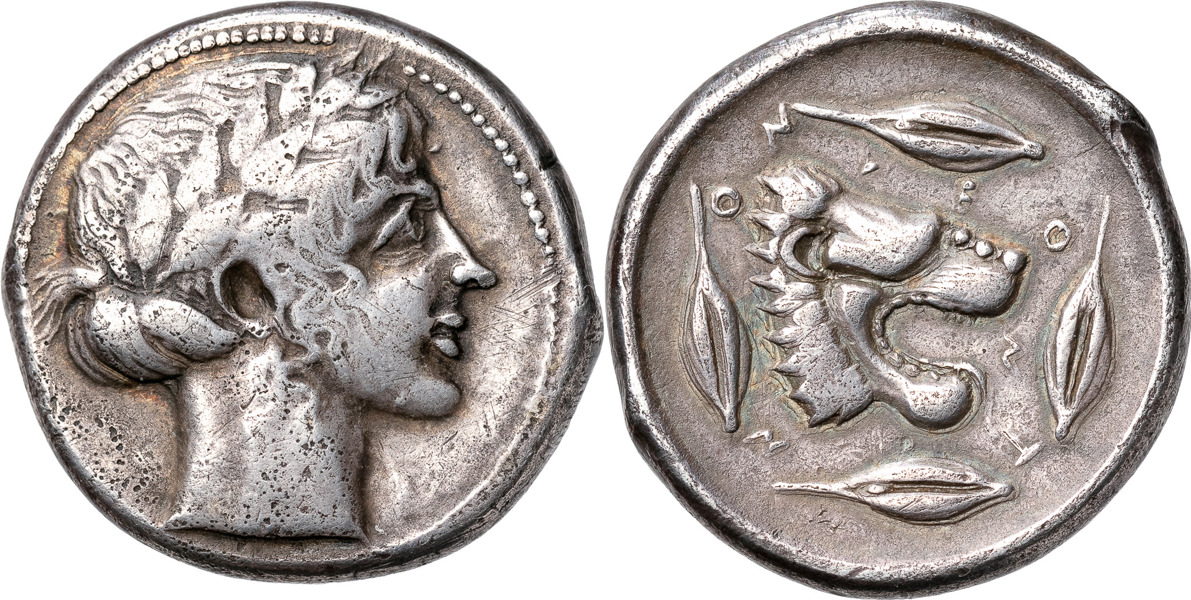 GREKISKA MYNT / GREEK COINS. SICILY. LEONTINOI (466-425 B.C.). AR tetradrachm