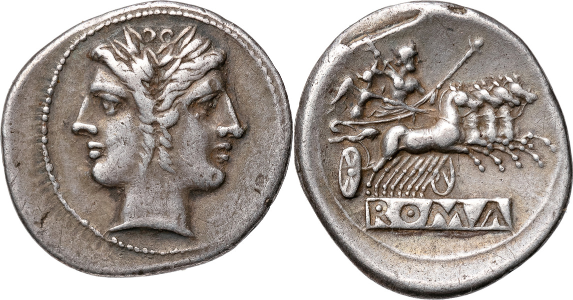 ROMERSKA MYNT / ROMAN COINS - Romerska republiken / Roman Republic. PRE-DENARIUS COINAGE (225-215 B.C.). AR quadrigatus-didrachm