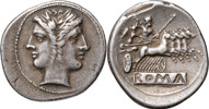 ROMERSKA MYNT / ROMAN COINS - Romerska republiken / Roman Republic. PRE-DENARIUS COINAGE (225-215 B.C.). AR quadrigatus-didrachm