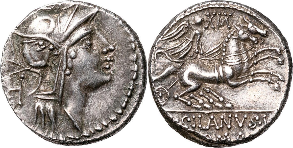 ROMERSKA MYNT / ROMAN COINS - Romerska republiken / Roman Republic. D. JUNIUS L.f. SILANUS (91 B.C.). AR denarius