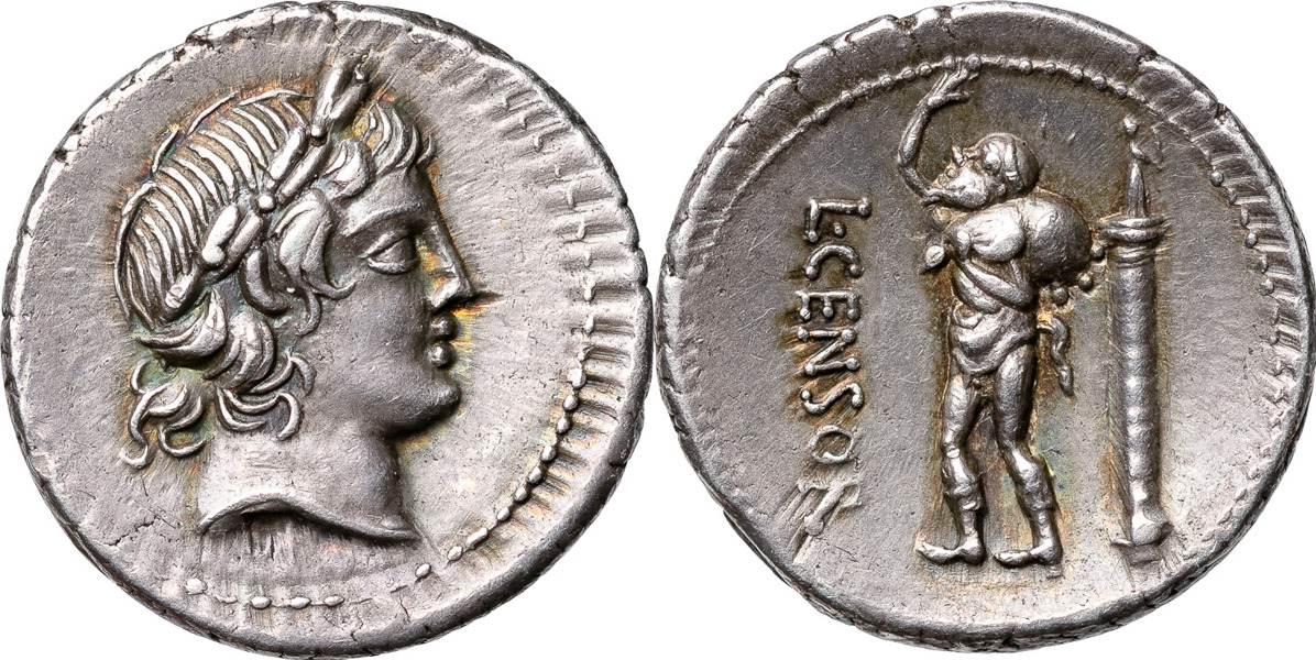 ROMERSKA MYNT / ROMAN COINS - Romerska republiken / Roman Republic. L. MARCIUS CENSORINUS (ca. 82 B.C.). AR denarius