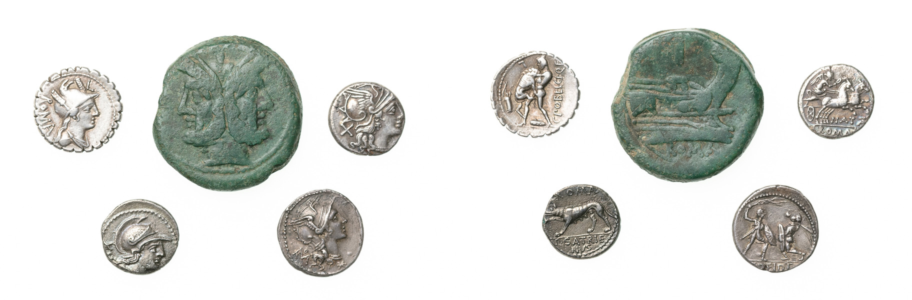 POSTER / LOTS. Roman Republic. 4 AR denarii and 1 AE as