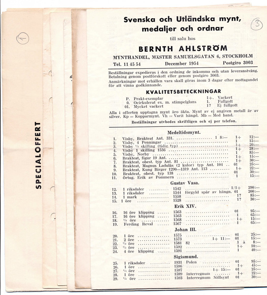 BERNTH AHLSTRÖM MYNTHANDEL Lagerkataloger 1-10.