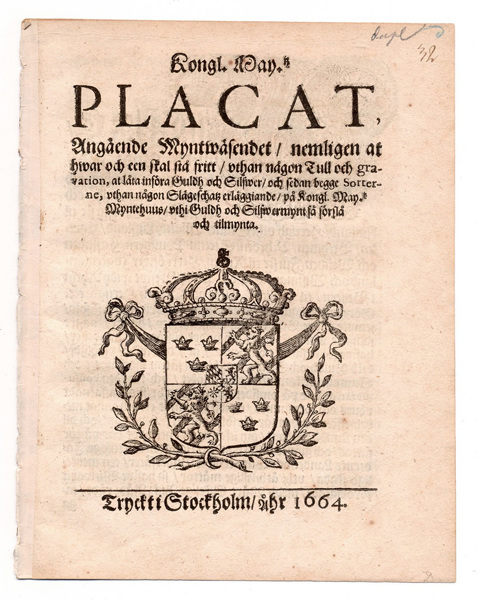 (1664-04-06) Angående Myntwäsendet