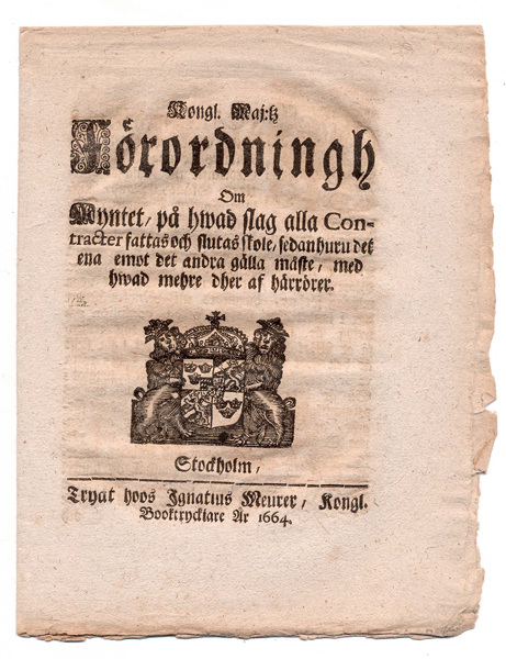 (1664-05-04) Förordningh Om Myntet