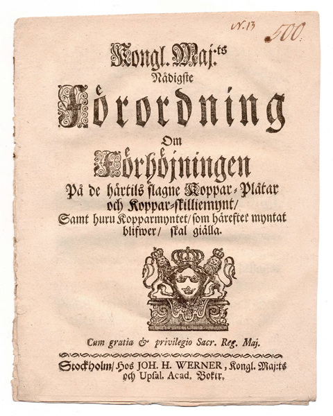 (1715-05-17) Om Förhöjningen På de härtils slagne Koppar-Plåtar och Koppar- skilliemynt
