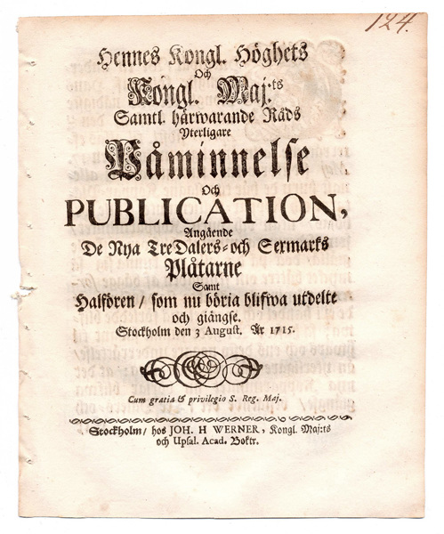 (1715-08-03) Angående De Nya Tre Dalers- och Sexmarks Plåtarne