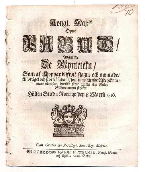 (1716-03-08) Angående De Myntetekn, Som af Koppar blifwit slagne