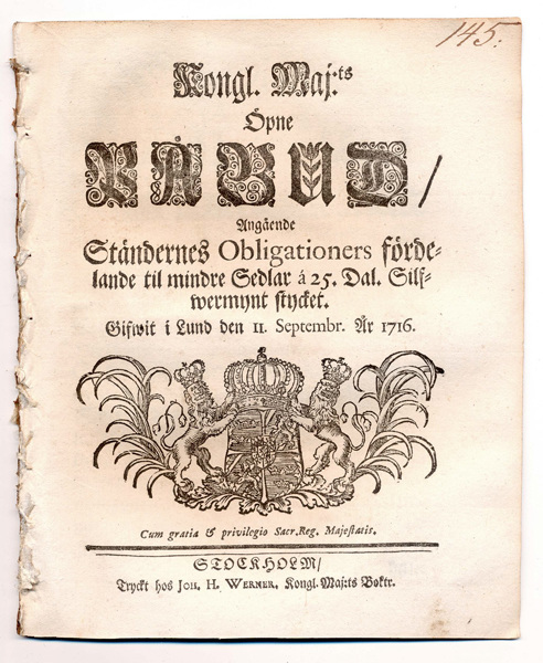 (1716-09-11) Mindre Sedlar á 25 Dal. Silfwermynt