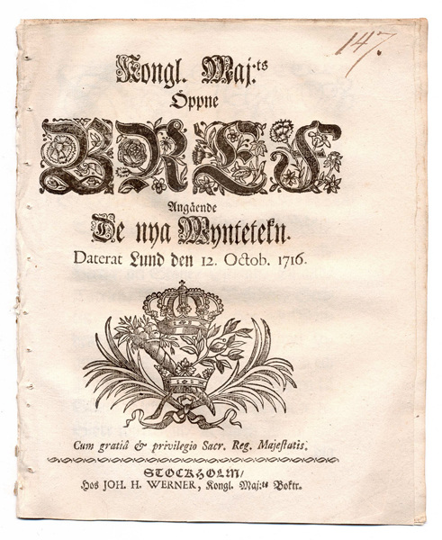 (1716-10-12) Angående De nya Myntetekn
